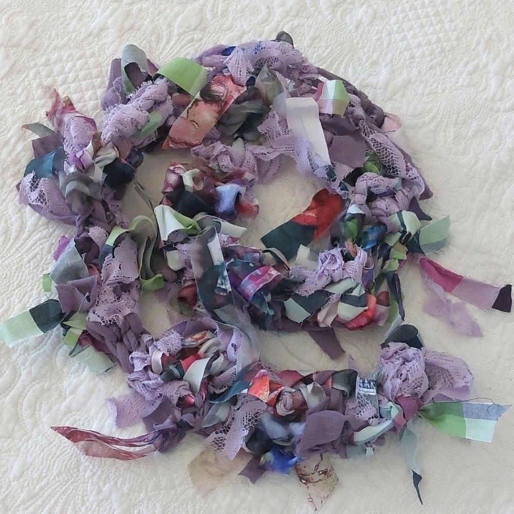 Art Scarf Upcycled Mixed Media Lace Satin Cotton Lavender Floral - Picture 3 of 8